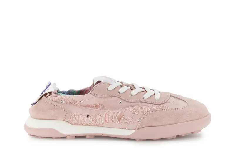 sneakers allacciata in tessuto e pelle scamosciata cipria