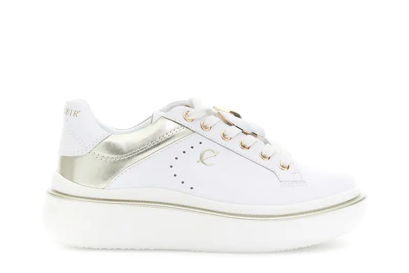sneakers bianca allacciata in pelle con inserti bianco/oro