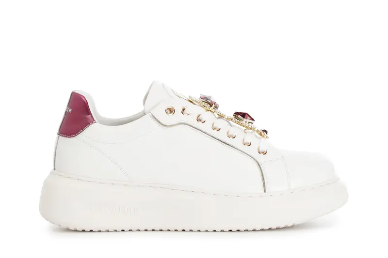 sneakers da donna in pelle con accessori gioiello removibili bianco/bordeaux