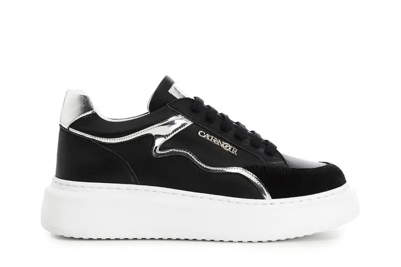 sneakers in pelle con dettaglio specchio su suola a cassetta nero/argento