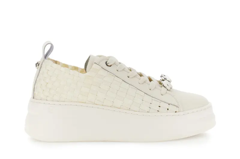sneakers in pelle rivestita e gros grain intrecciati off white