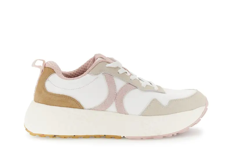 sneakers in tessuto e pelle beige/bianco