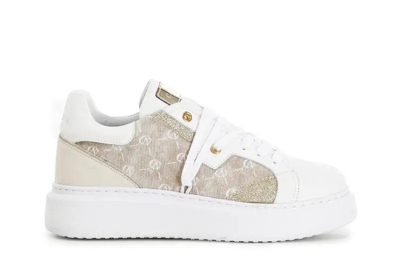 sneakers in tessuto logato e pelle su suola a cassetta multi beige