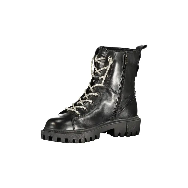 Stivaletti Pelle Donna Neri con Lacci e Zip Laterale Nero miniatura 3