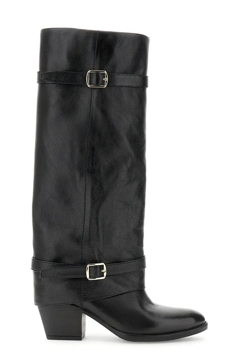 stivali in pelle con risvolto e fibbie nero
