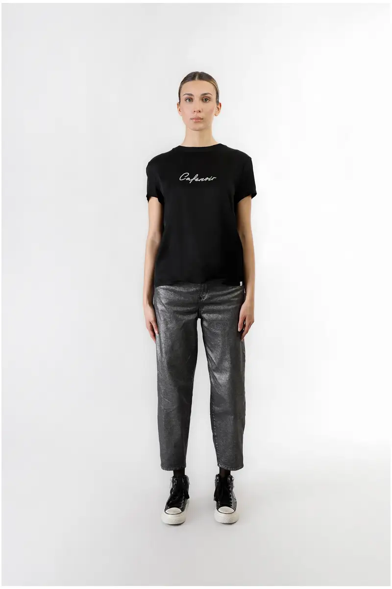 t-shirt bimateriale con logo glitterato nero