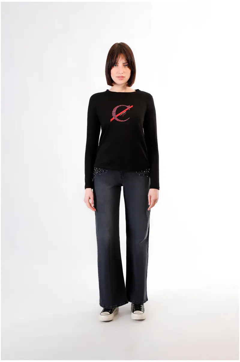 t-shirt manica lunga con logo nero