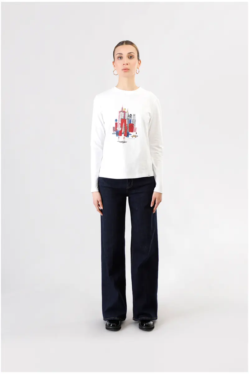 t-shirt manica lunga con stampa new york bianco