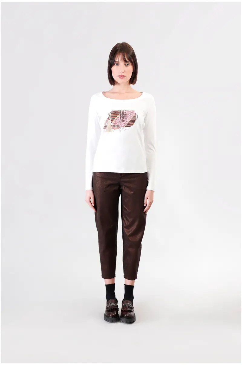 t-shirt manica lunga stampa borsetta bianco