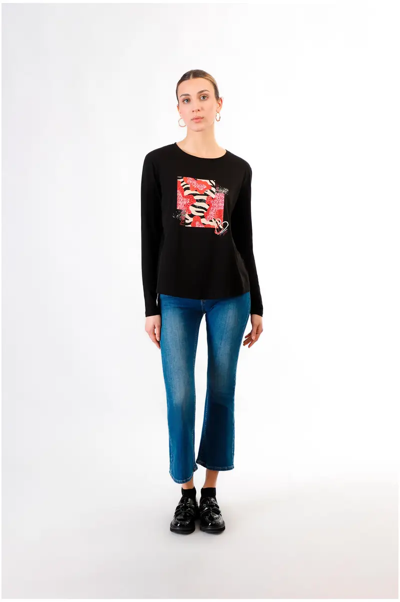 t-shirt manica lunga stampa multipattern nero