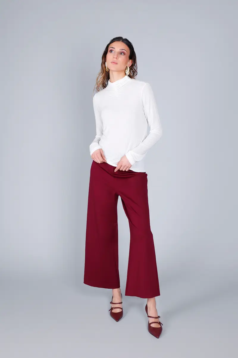 t-shirt misto cachemire collo arricciato off white