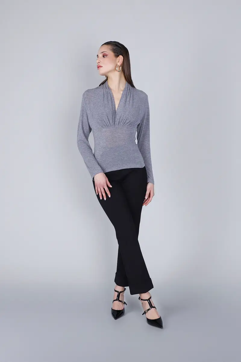 t-shirt misto cachemire scollo drappeggiato grigio