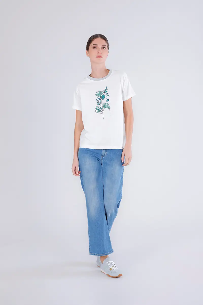 t-shirt stampa donna con costina lurex allo scollo off white