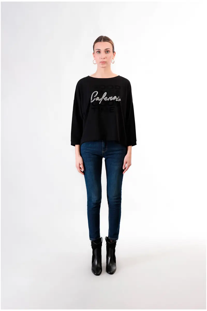 t-shirt stampa floccata e logo di stras nero