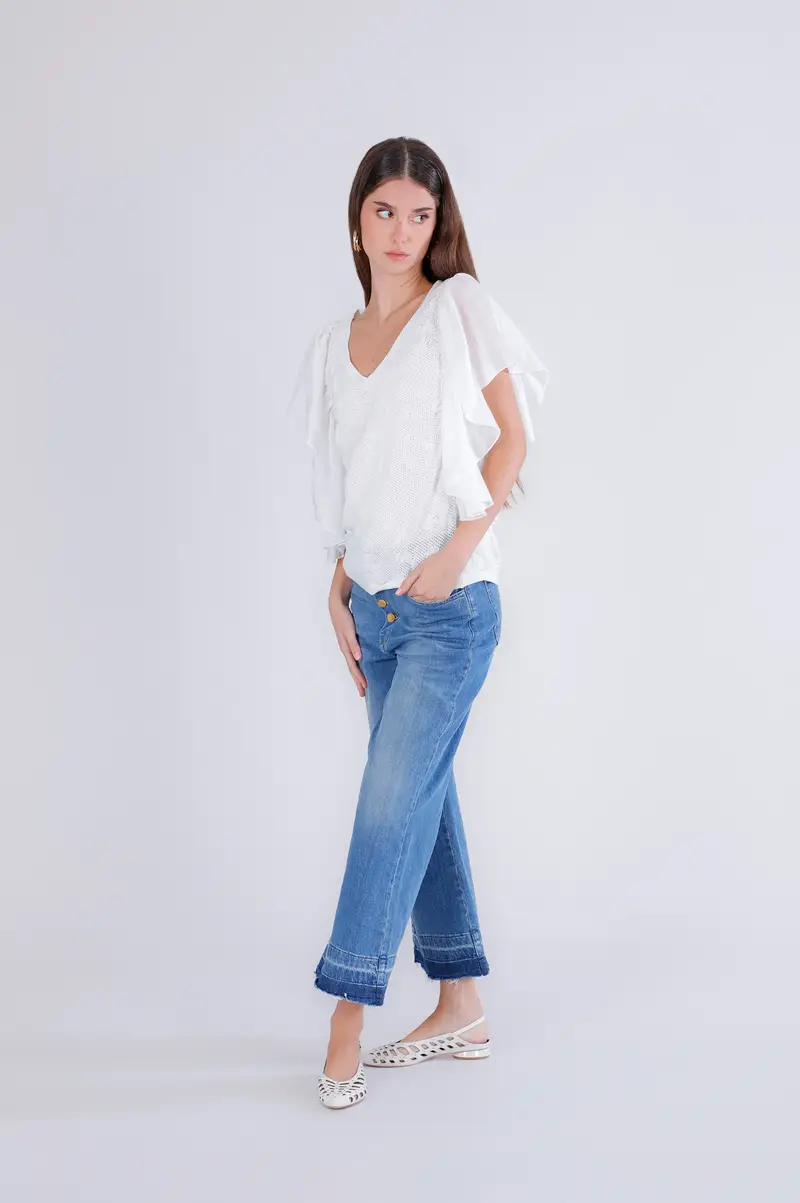 top in punto pizzo da donna con maniche arricciate off white