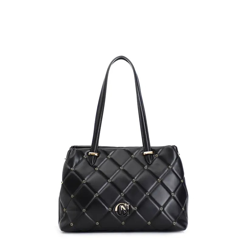 tote con trapunta a rombi con applicazione di rivetti e logo bicolore nero