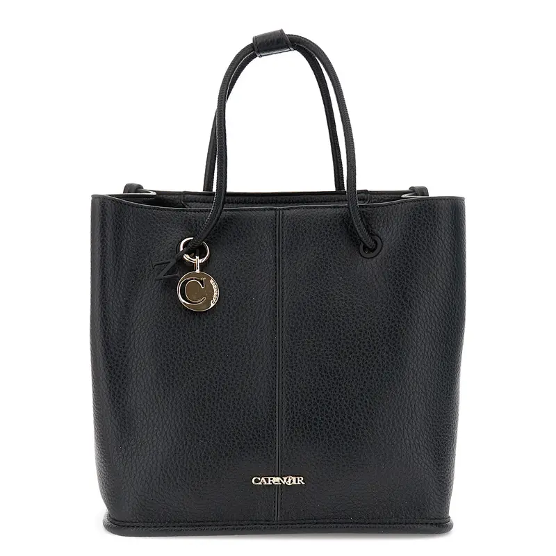 tote effetto pelle con manici tubolari, charm in metallo nero