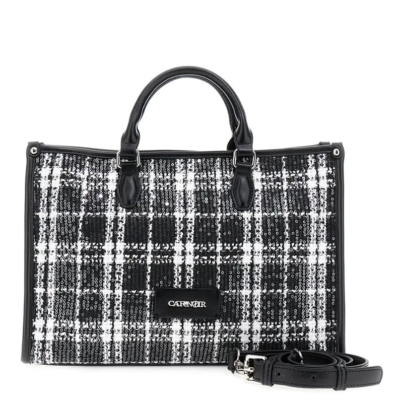 tote in tessuto scozzese con applicazione di paillettes nero