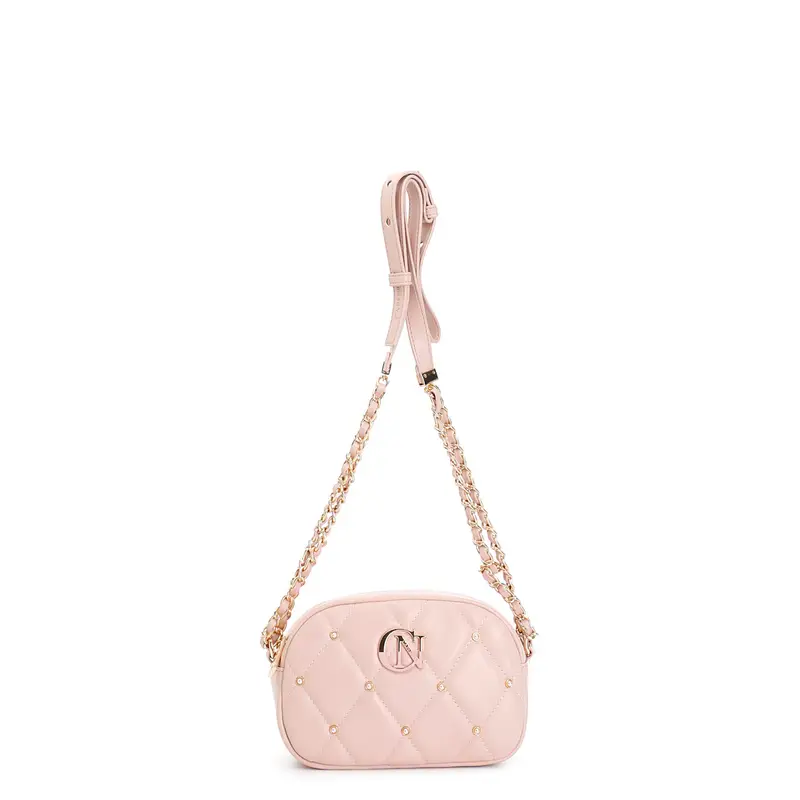 tracolla con trapunta a rombi con applicazione di rivetti e logo bicolore cipria