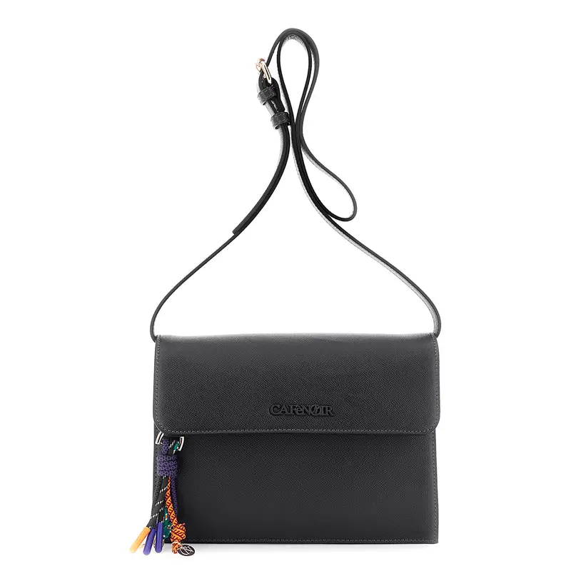 tracolla effetto saffiano con charms multicolore nero