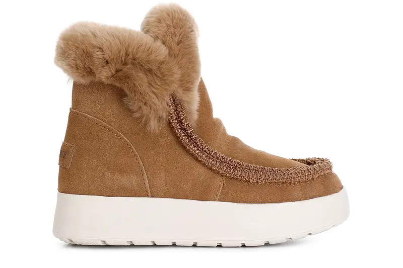 tronchetto da donna con bordo mocassino e pelliccia sintetica camel