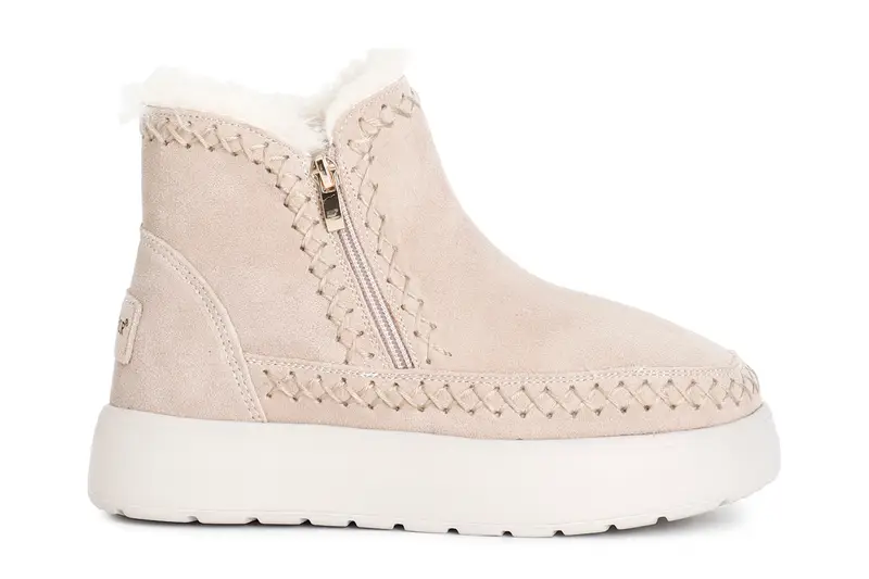 tronchetto da donna con doppia cerniera in pelle scamosciata beige