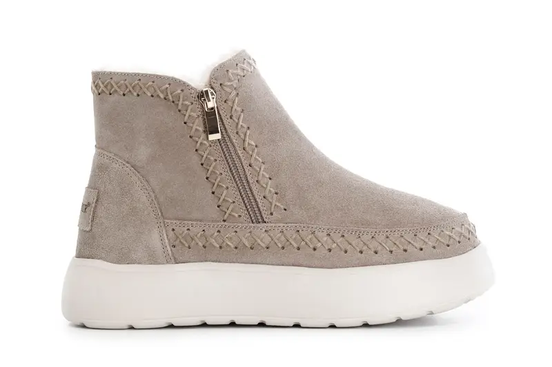 tronchetto da donna con doppia cerniera in pelle scamosciata taupe