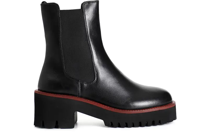 tronchetto da donna con elastico in pelle con suola nera e guardolo colorato nero/rosso