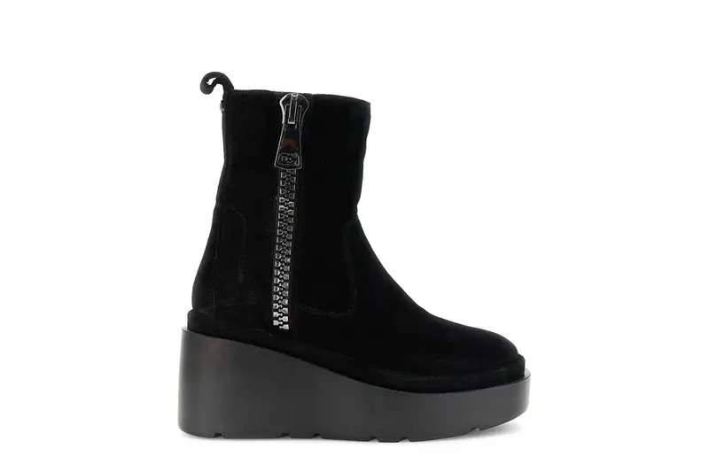 tronchetto da donna in pelle scamosciata con maxi cerniera e plateau nero