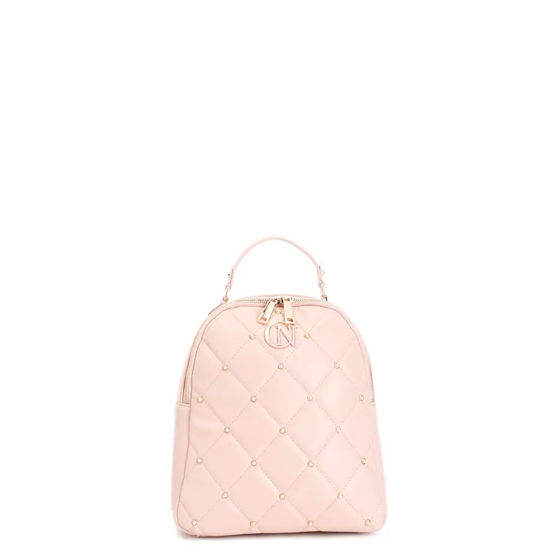 zaino con trapunta a rombi con applicazione di rivetti e logo bicolore cipria