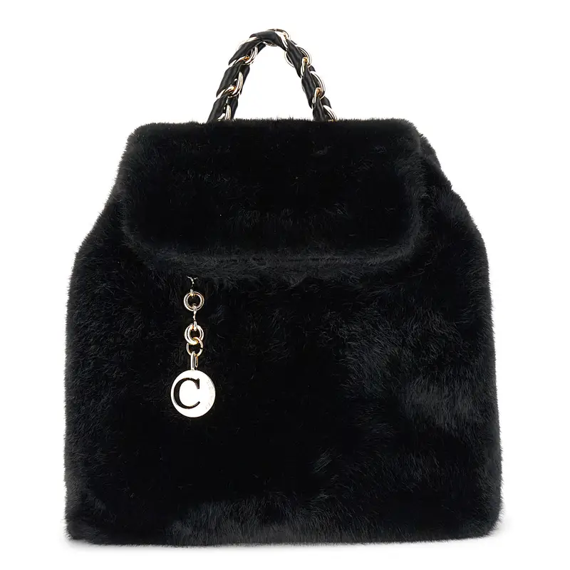 zaino morbido con dettaglio pelliccia e catena nero