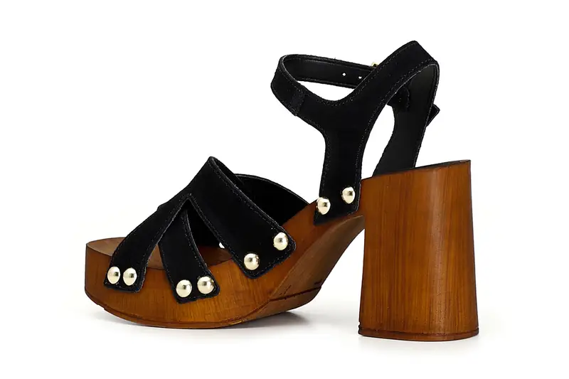 zoccoli intrecciati con tacco alto in legno e plateau nero miniatura 2