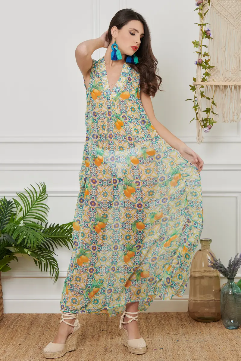 CAFTANO CHIFFON LUNGO | Colore: Capri | Taglia: S/M