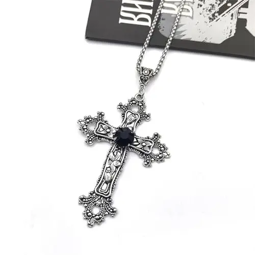 Caiguoer Gotico Argento Vintage Croce Collana Grande Inciso Fiore Croce Collare Collana Halloween Accessori per Donne e miniatura 2