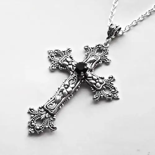 Caiguoer Gotico Argento Vintage Croce Collana Grande Inciso Fiore Croce Collare Collana Halloween Accessori per Donne e miniatura 3