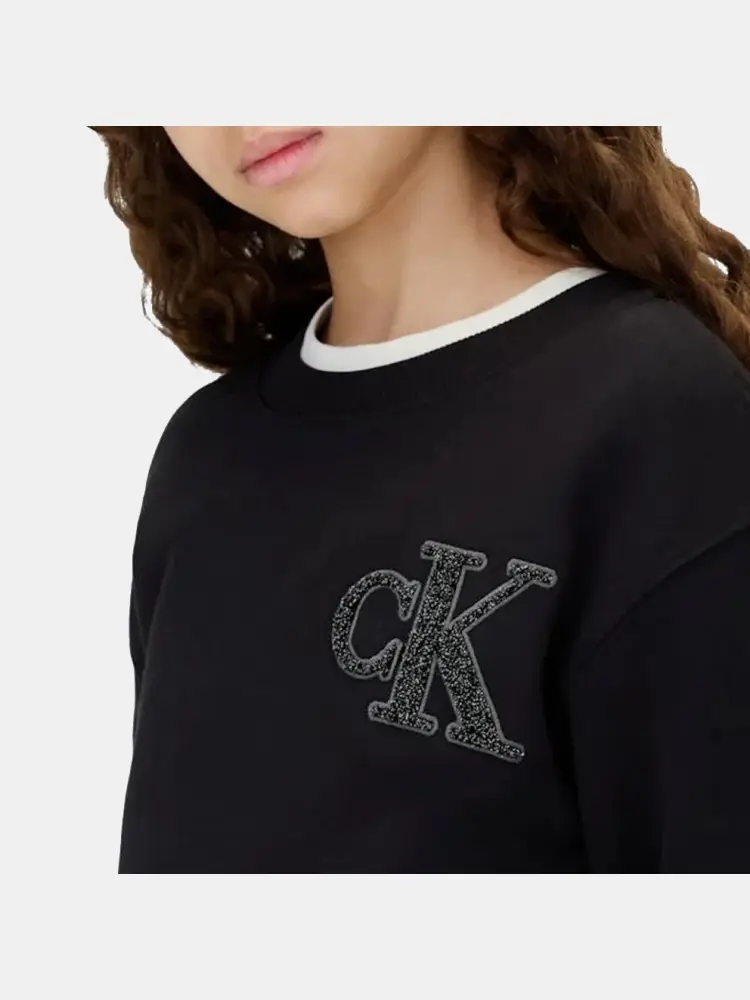 abito nero bambina in cotone manica lunga maxi logo sul petto miniatura 2