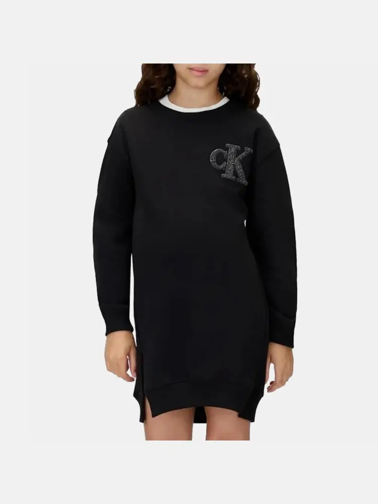 abito nero bambina in cotone manica lunga maxi logo sul petto