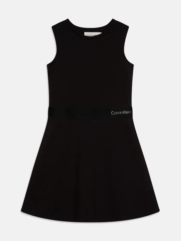 abito nero bambina in misto viscosa mini logo in vita