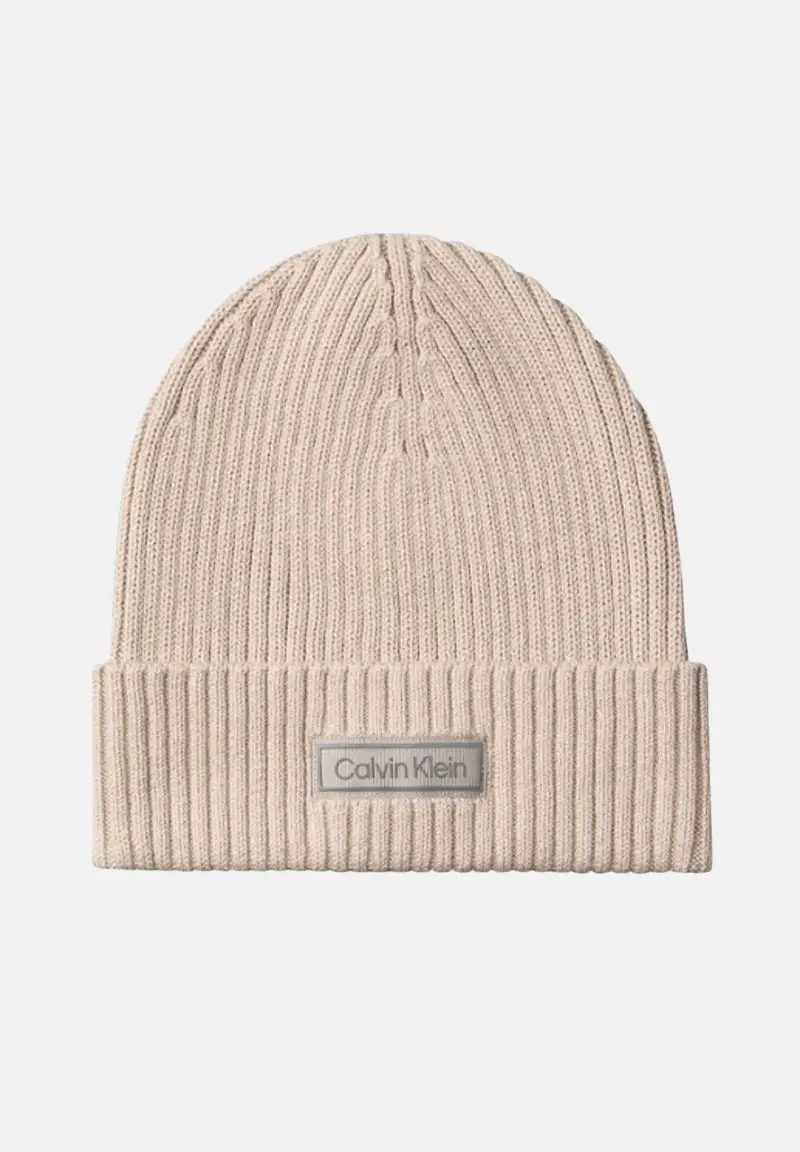 Berretto di lana beige per uomo e donna con logo