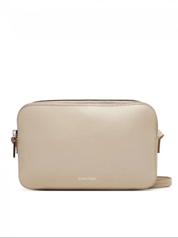 borsa camera bag in ecopelle liscia beige con tracolla e logo