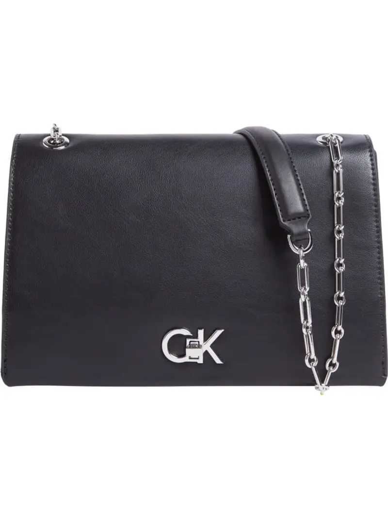 Calvin Klein borsa nera donna in ecopelle liscia con tracolla mini logo in metallo