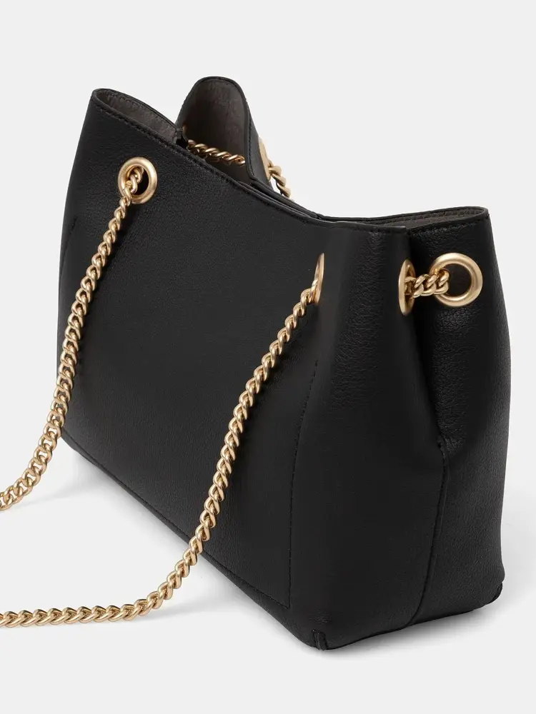 borsa nera donna in ecopelle shopping logo oro sul fondo miniatura 3