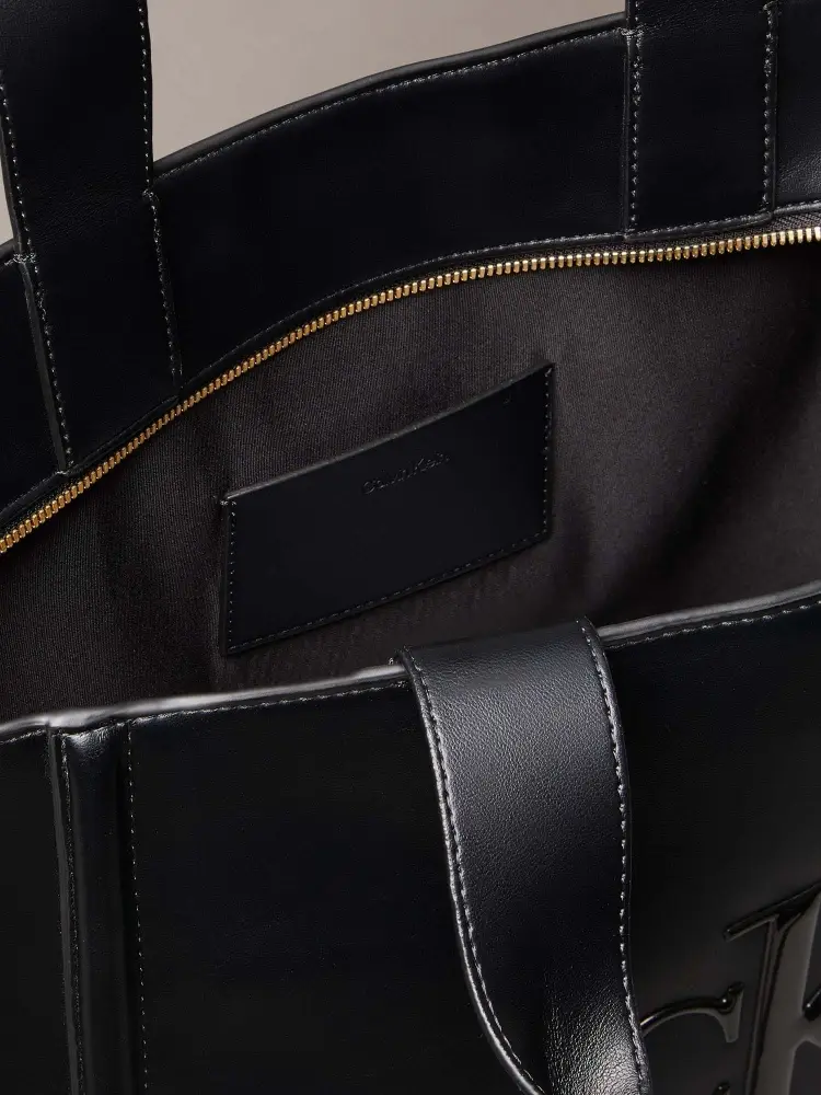 borsa nera donna in ecopelle shopping logo sul davanti miniatura 3