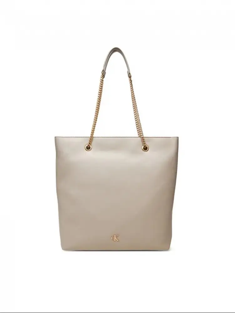 borsa shopping in ecopelle beige con manici catena e logo