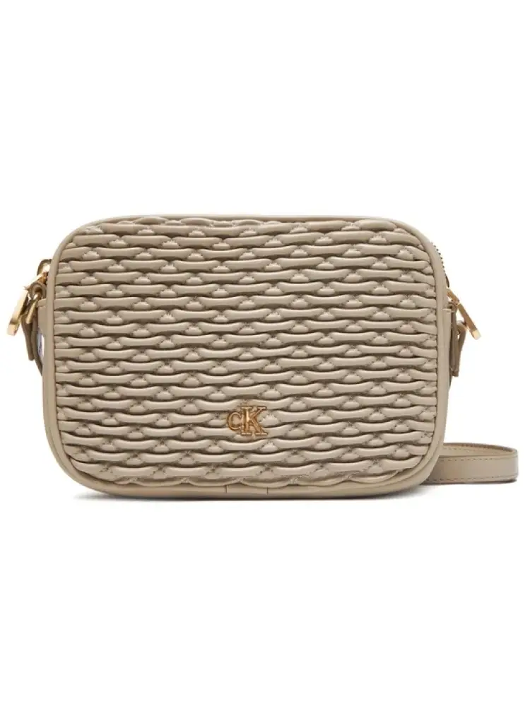 borsetta a tracolla beige con motivo intrecciato e logo dorato