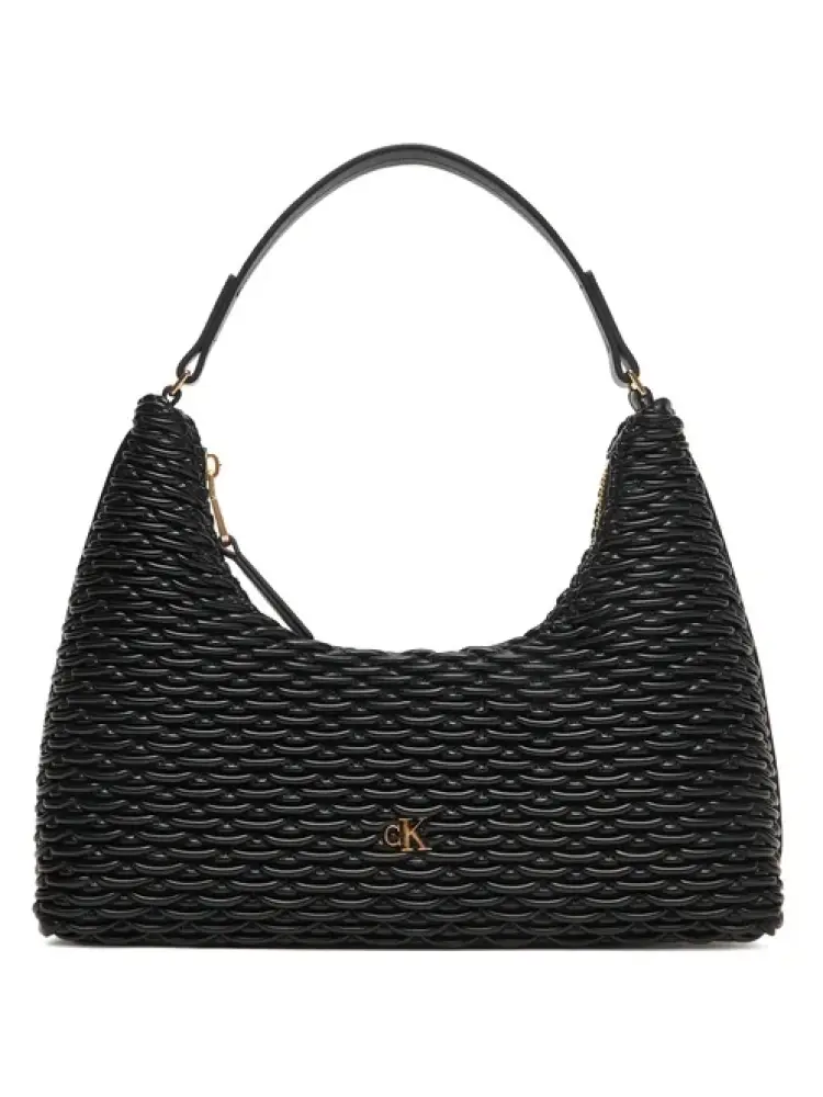 borsetta nera con motivo intrecciato e logo dorato