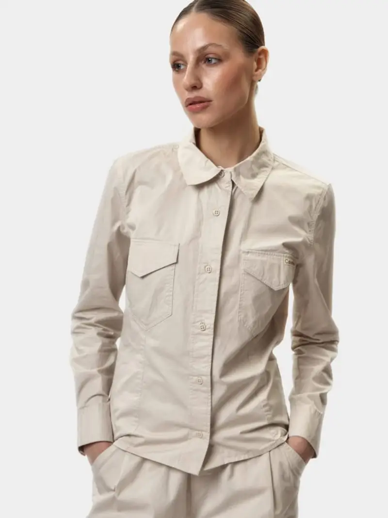 Calvin Klein camicia beige donna in cotone patch logo sul petto