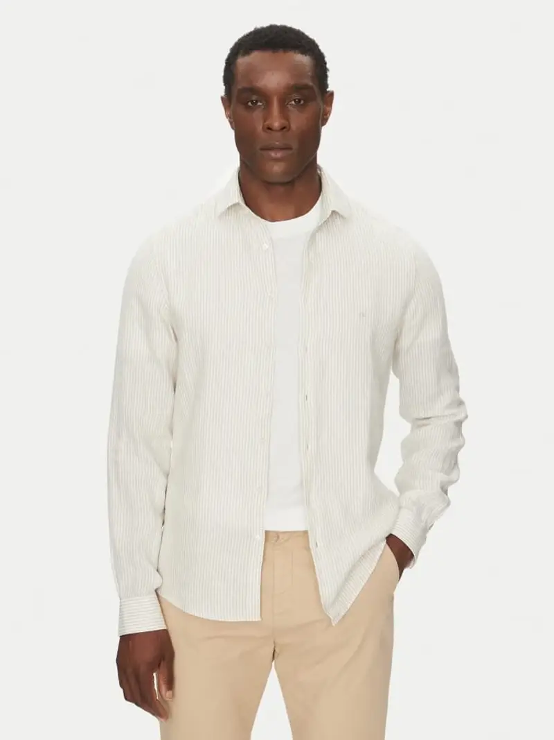Calvin Klein camicia beige uomo a righe in lino mini logo sul petto