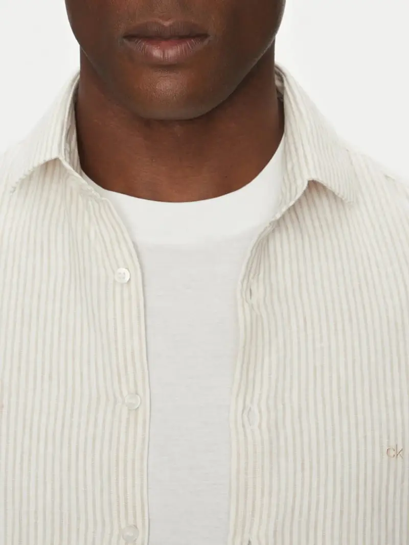 Calvin Klein camicia beige uomo a righe in lino mini logo sul petto miniatura 3