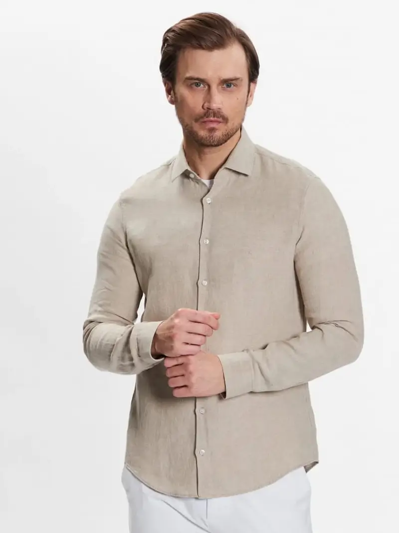 Calvin Klein camicia beige uomo in lino mini logo sul petto